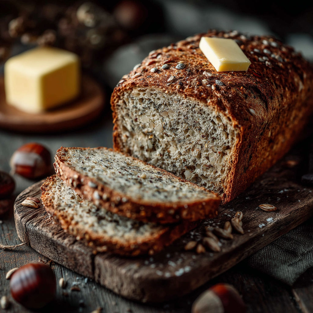 Une tranche de pain aux céréales et à la farine de châtaignes.