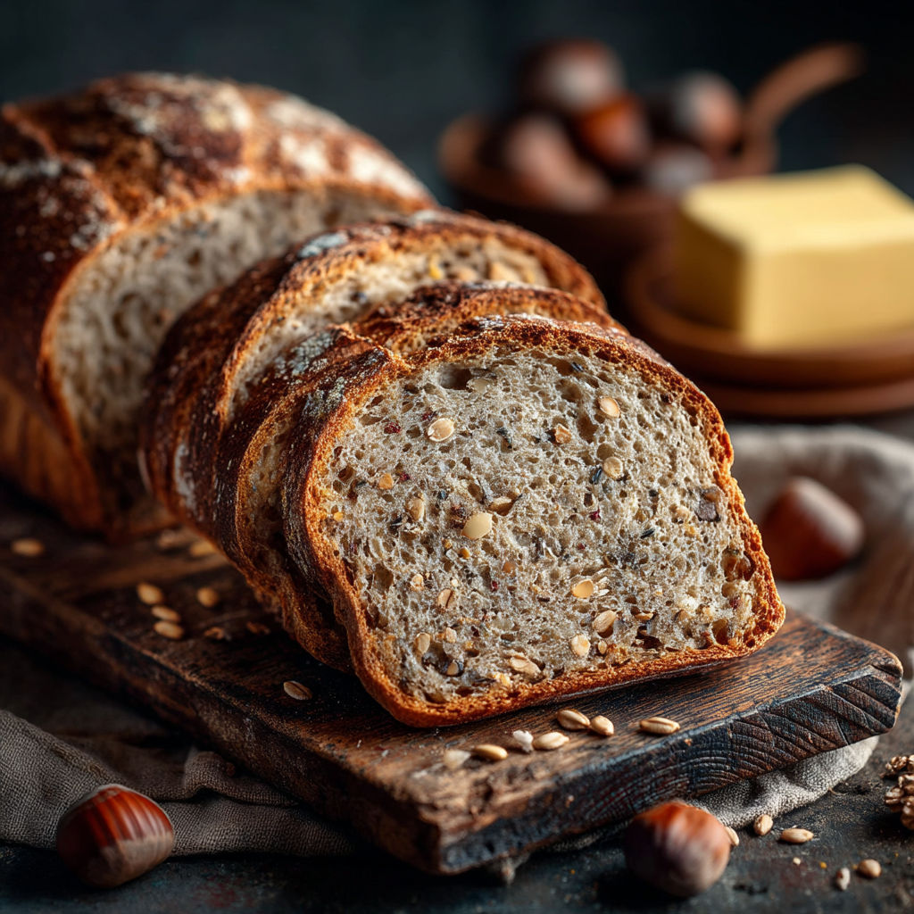 Une baguette de pain grillé avec des noix et du beurre.
