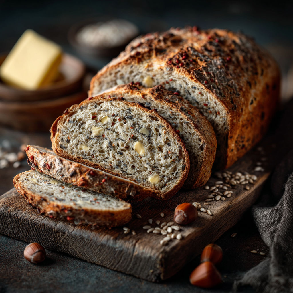 Une baguette de pain grillé avec du beurre et des noix.