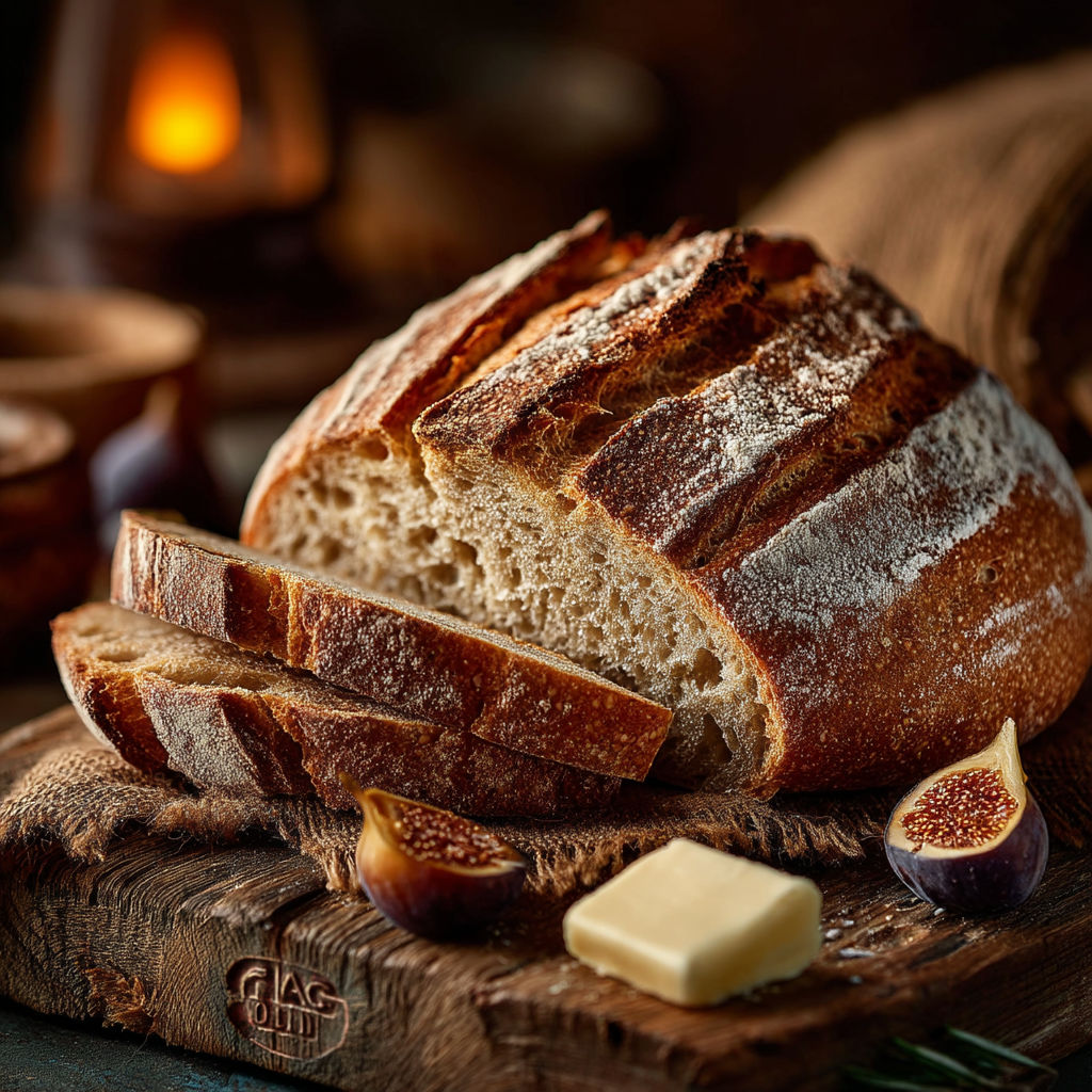 Une baguette de pain de campagne avec des fruits et du beurre.