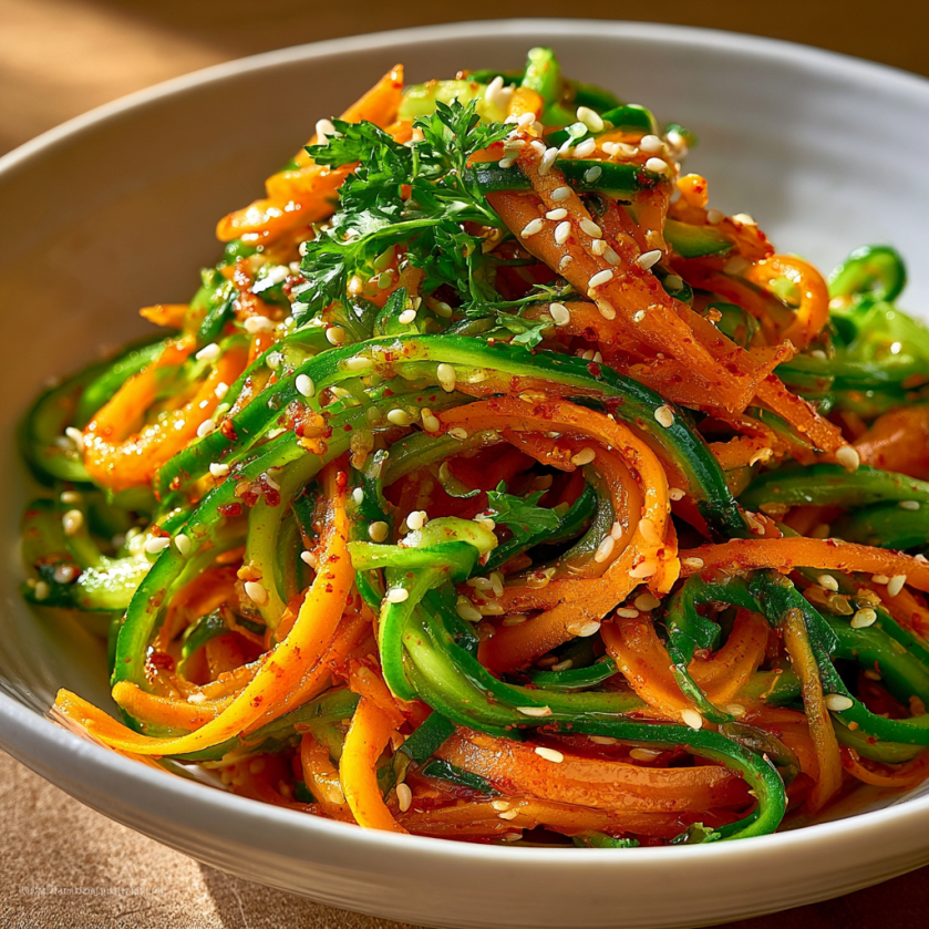 Une assiette de noodles colorés avec des légumes verts et des herbes.