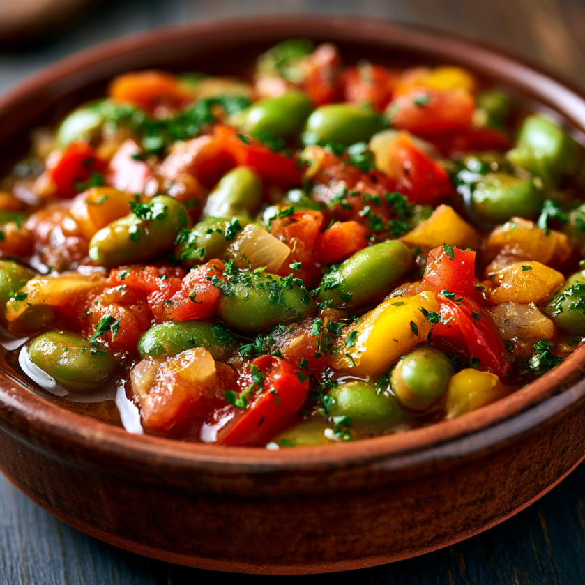 Un plat de légumes colorés avec des tomates, des pois, des haricots verts et des oignons.