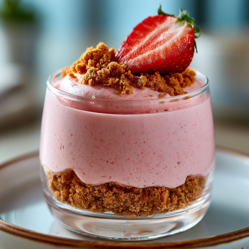 Un dessert en verre avec une glace de strawberry.