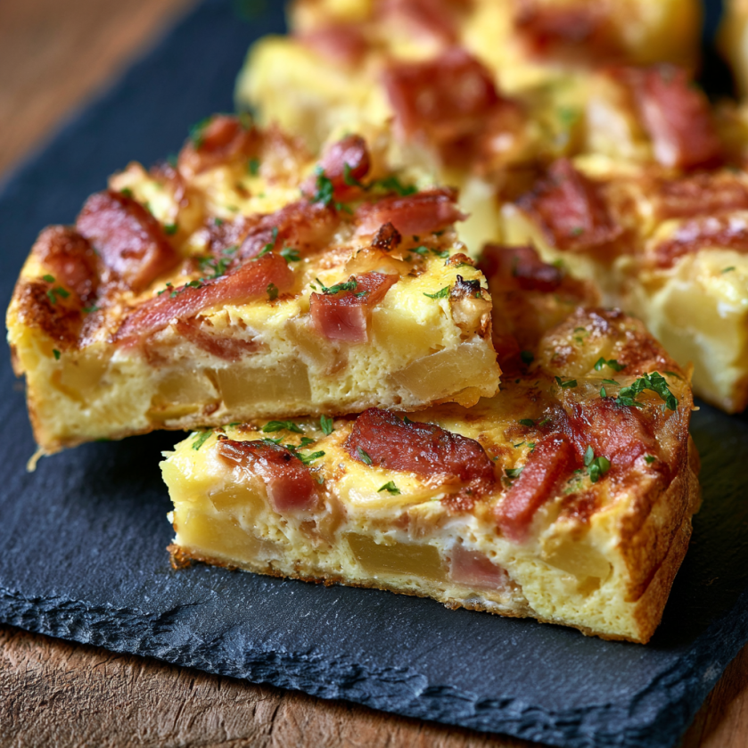 Une tranche de quiche avec des bacon et des herbes.