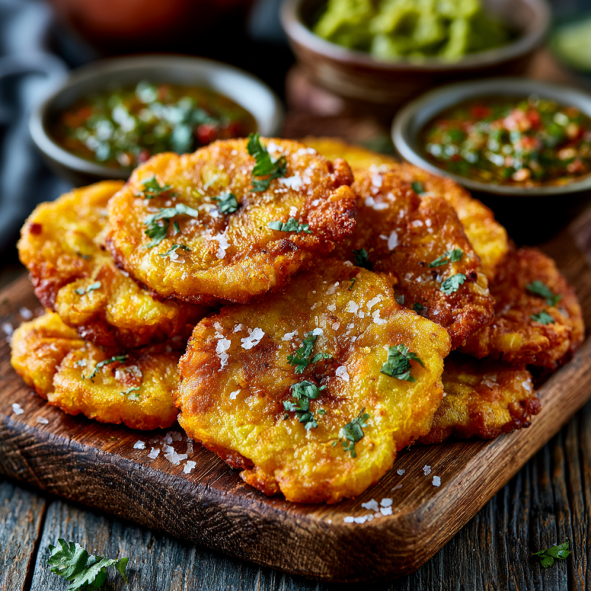 Une plaque de pâte de plantain avec des épices et des sauces.