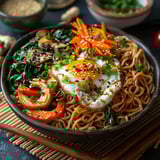Salade de soba, épinards, œuf frit et sauce cacahuète