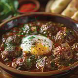 Tajine kefta aux œufs, classique marocain. Boulettes de viande épicées, sauce tomate parfumée, œufs pochés