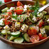 Salade de lentilles feta concombre fraîche et gourmande. Plat estival méditerranéen facile