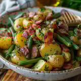 salade tiède pommes de terre avec haricots verts, lardons et vinaigrette à la moutarde