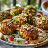 Savoureuses boulettes de pois cassés au cumin, sauce tahini onctueuse et amandes grillées