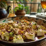 Poêlée audacieuse d'aubergines et nectarines au basilic, fromage de chèvre et amandes