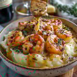 A bowl of shrimp with a spoon in it.