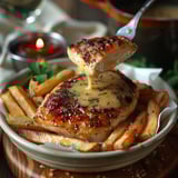 A plate of chicken with sauce and fries.