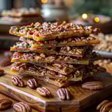 A stack of pecan bars on a wooden table.