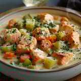 A bowl of food with salmon, carrots, and potatoes.