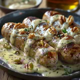 A plate of sausages covered in a white sauce.