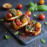 A plate of food with tomatoes, basil, and paprika.
