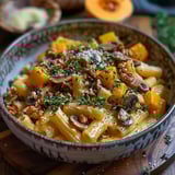 A bowl of pasta with mushrooms and butternut squash.