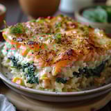 A dish of food with a piece of fish on top.