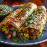 A delicious looking crêpe with eggs, sausage and salsa verde.