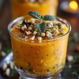 A glass of carrot mousse with cumin and nuts.