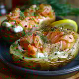 Two potatoes stuffed with salmon and herbs.