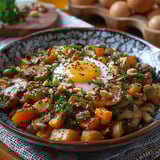 A bowl of mushrooms, potatoes and nuts.