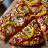 A pizza with peppers and sausage on it.