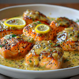 A white bowl filled with cooked salmon.