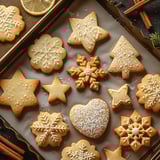 A tray of cookies with stars and hearts on them.
