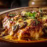 A dish of chicken covered in cheese and mushrooms.