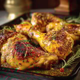 Chicken cooked in a pan.