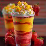 A glass of frappuccino with strawberries and whipped cream.