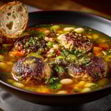 A bowl of soup with meatballs and bread.