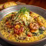 A bowl of orzo with shrimp and cheese.