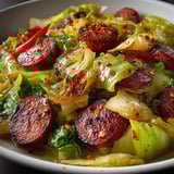 A plate of food with sausage and cabbage.