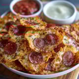 A bowl of pizza chips with a dipping sauce.