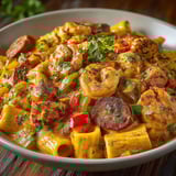 A bowl of jambalaya with shrimp, peppers, and onions.