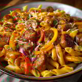 A plate of pasta with meat and sauce.
