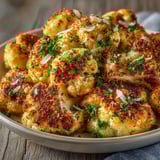 A plate of roasted cauliflower with Parmesan cheese.