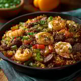 A bowl of shrimp and rice.