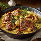 A pan of chicken with onions and herbs.