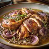 A plate of chicken with onions and herbs.