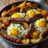 A dish of sausages and eggs.