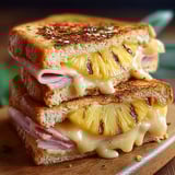 A croque monsieur sandwich with ham, cheese, and a pineapple slice.