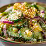 A bowl of salad with corn and cucumbers.