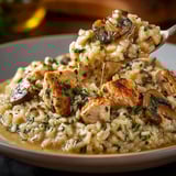 A plate of risotto with mushrooms and chicken.