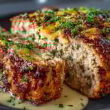 A piece of meat with Parmesan cheese and herbs on top.