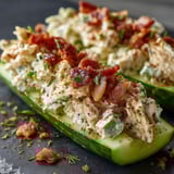 A slice of cucumber with bacon and ranch dressing.