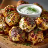 A plate of bacon wrapped meatballs with a bowl of sauce.